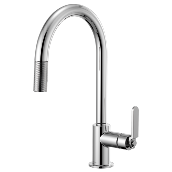 Chrome pull-down kitchen faucet with curved arc spout and textured industrial handle.