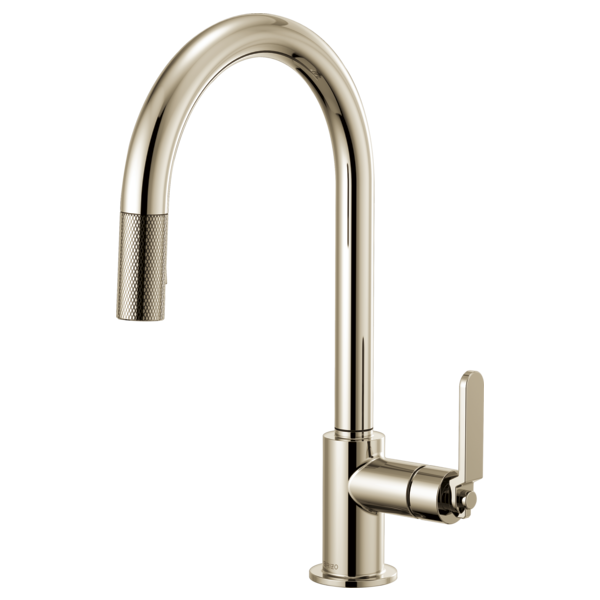 Polished nickel pull-down kitchen faucet with curved arc spout, textured grip collar, and flat lever handle.