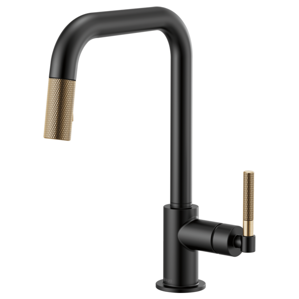 Black pull-down kitchen faucet with square spout, knurled brass handles, and matte finish.