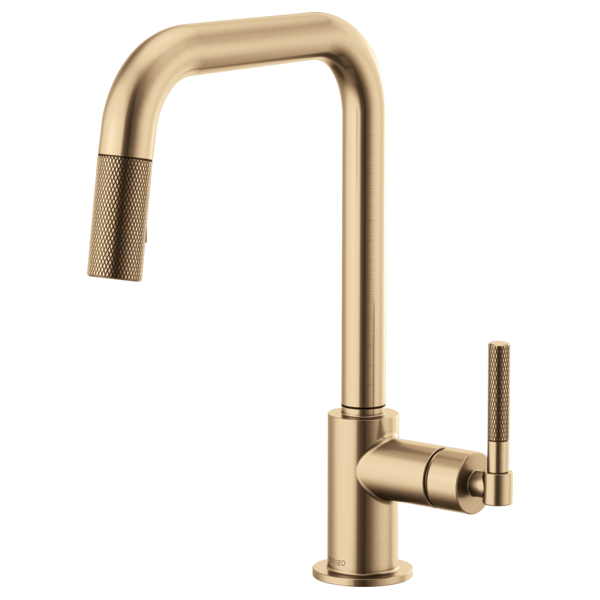 Champagne bronze pull-down kitchen faucet with square spout, knurled side handle, and curved neck design.