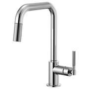 Chrome pull-down faucet with squared spout, knurled handle, and retractable spray head.