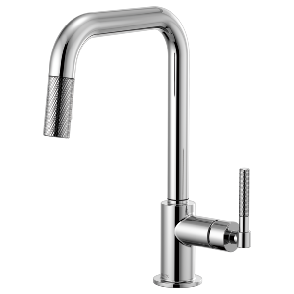 Chrome pull-down faucet with squared spout, knurled handle, and retractable spray head.
