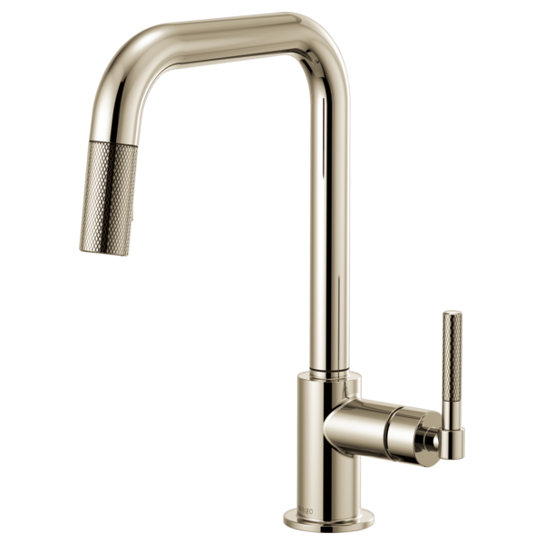 Polished nickel pull-down kitchen faucet with square spout and knurled side handle.