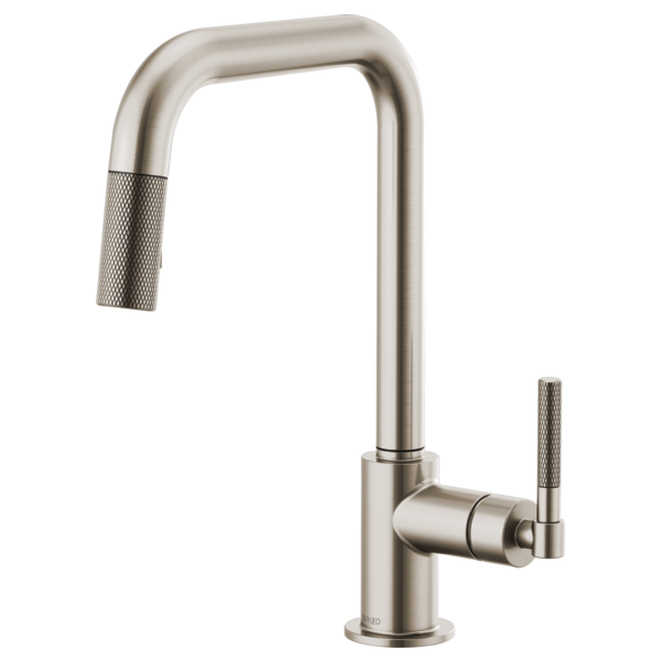 Stainless steel pull-down faucet with square spout, knurled handles, and brushed nickel finish.
