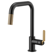 Black pull-down kitchen faucet with squared spout, gold textured handle, and retractable spray head.