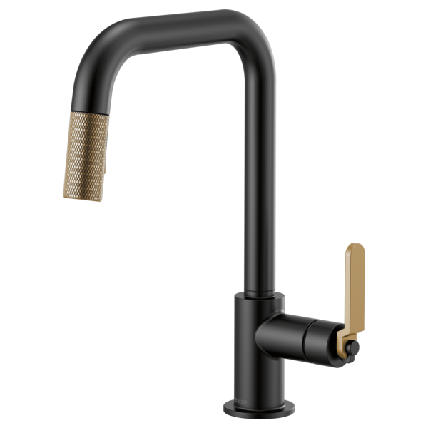 Black pull-down kitchen faucet with squared spout, gold textured handle, and retractable spray head.