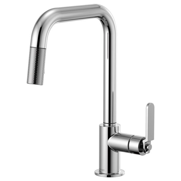 Chrome pull-down kitchen faucet with square spout, textured handle, and retractable spray head.