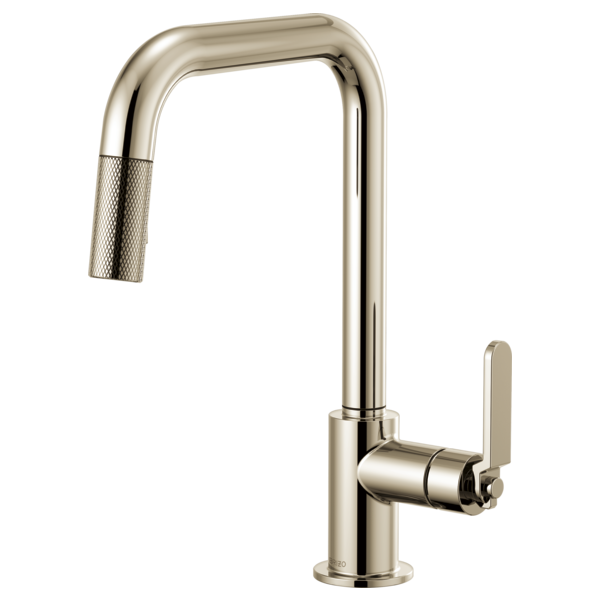 Polished nickel pull-down faucet with squared spout, textured handle, and retractable spray head.