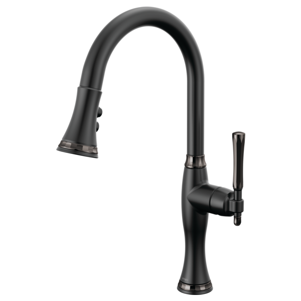 Black pull-down kitchen faucet with curved spout, single lever handle, and spray nozzle.