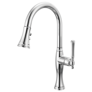 Chrome pull-down kitchen faucet with curved spout and single lever handle.