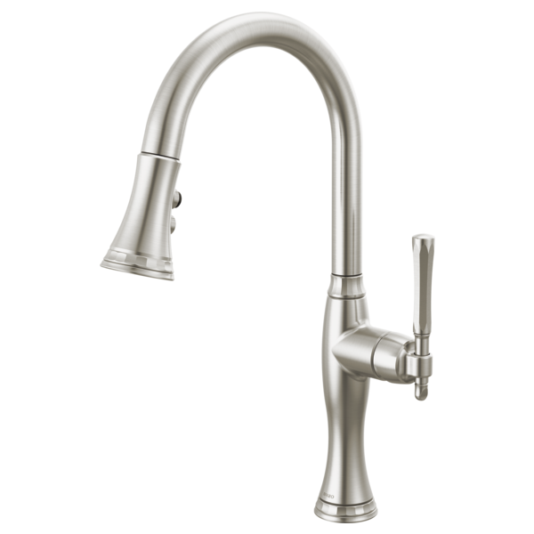 Stainless steel pull-down kitchen faucet with high curved spout and single lever handle.