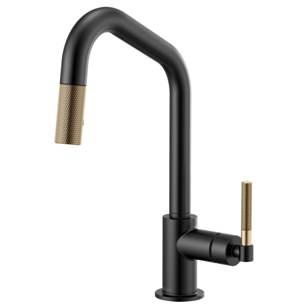 Black pull-down kitchen faucet with angled spout and gold knurled handles.