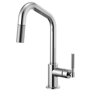 Polished chrome pull-down kitchen faucet with angled spout and knurled handle grip.