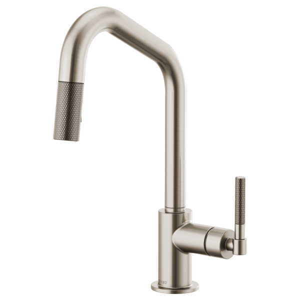 Brushed nickel pull-down kitchen faucet with angled spout and knurled side handle.