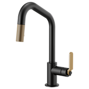 Black pull-down kitchen faucet with angled spout, textured gold handle, and matte finish.