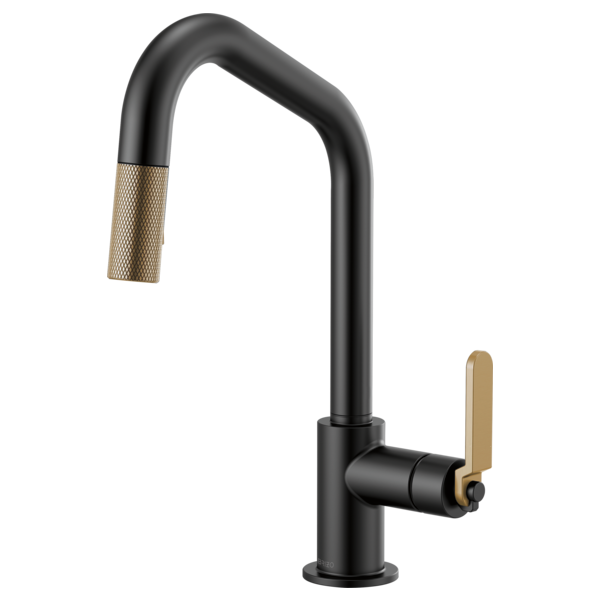 Black pull-down kitchen faucet with angled spout, textured gold handle, and matte finish.