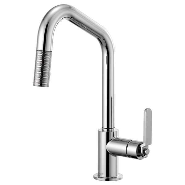 Chrome pull-down kitchen faucet with angled spout, textured handle, and retractable spray head.