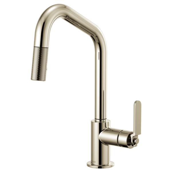 Polished nickel pull-down faucet with angled spout, textured grip handle, and single lever control.