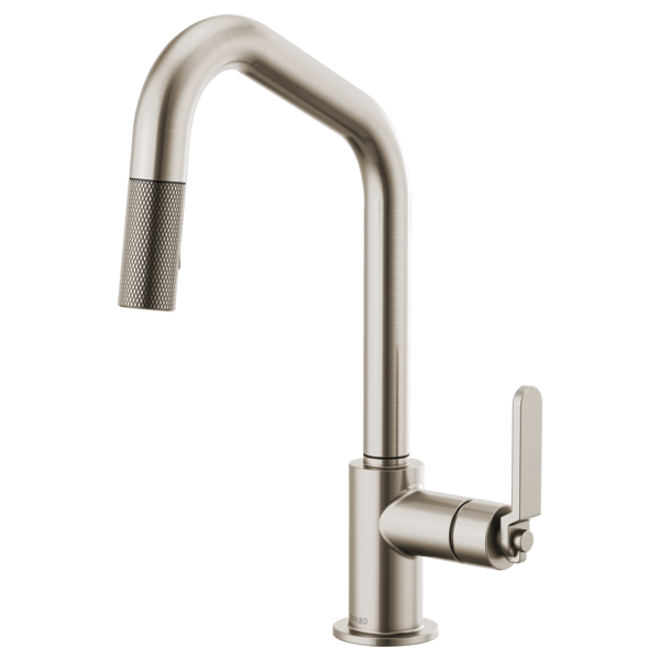Stainless steel pull-down faucet with angled spout, textured handle grip, and single lever control.