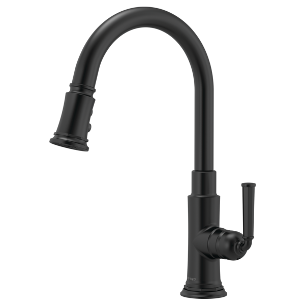 Matte black pull-down kitchen faucet with high arched spout and single side lever handle.