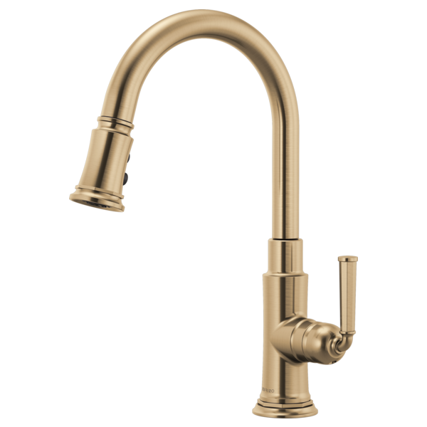 Champagne bronze pull-down kitchen faucet with curved spout and single lever handle.