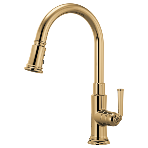 Polished gold pull-down kitchen faucet with high curved spout and single handle control.