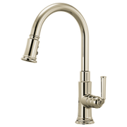 Polished nickel pull-down kitchen faucet with high arc spout and single lever handle.