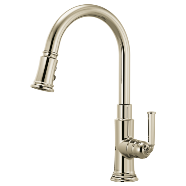 Polished nickel pull-down kitchen faucet with high arc spout and single lever handle.