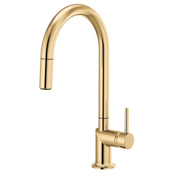 Polished gold widespread bathroom faucet with high arc spout and pull-down sprayer.