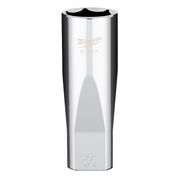 Polished chrome deep socket with 1/2" drive and 21mm size marking, Milwaukee branding visible.