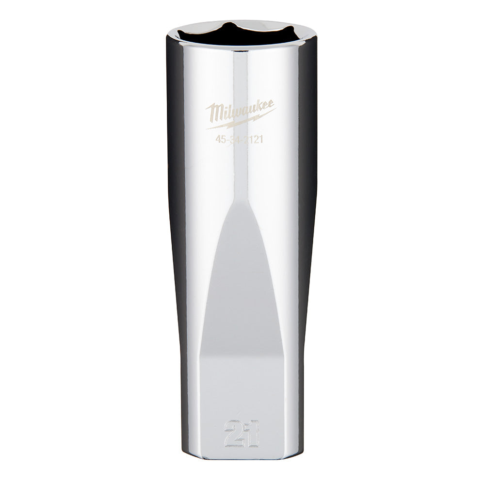 Polished chrome deep socket with 1/2" drive and 21mm size marking, Milwaukee branding visible.