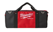 Red and black Milwaukee FORCELOGIC tool bag with black handles and metal D-rings on sides.