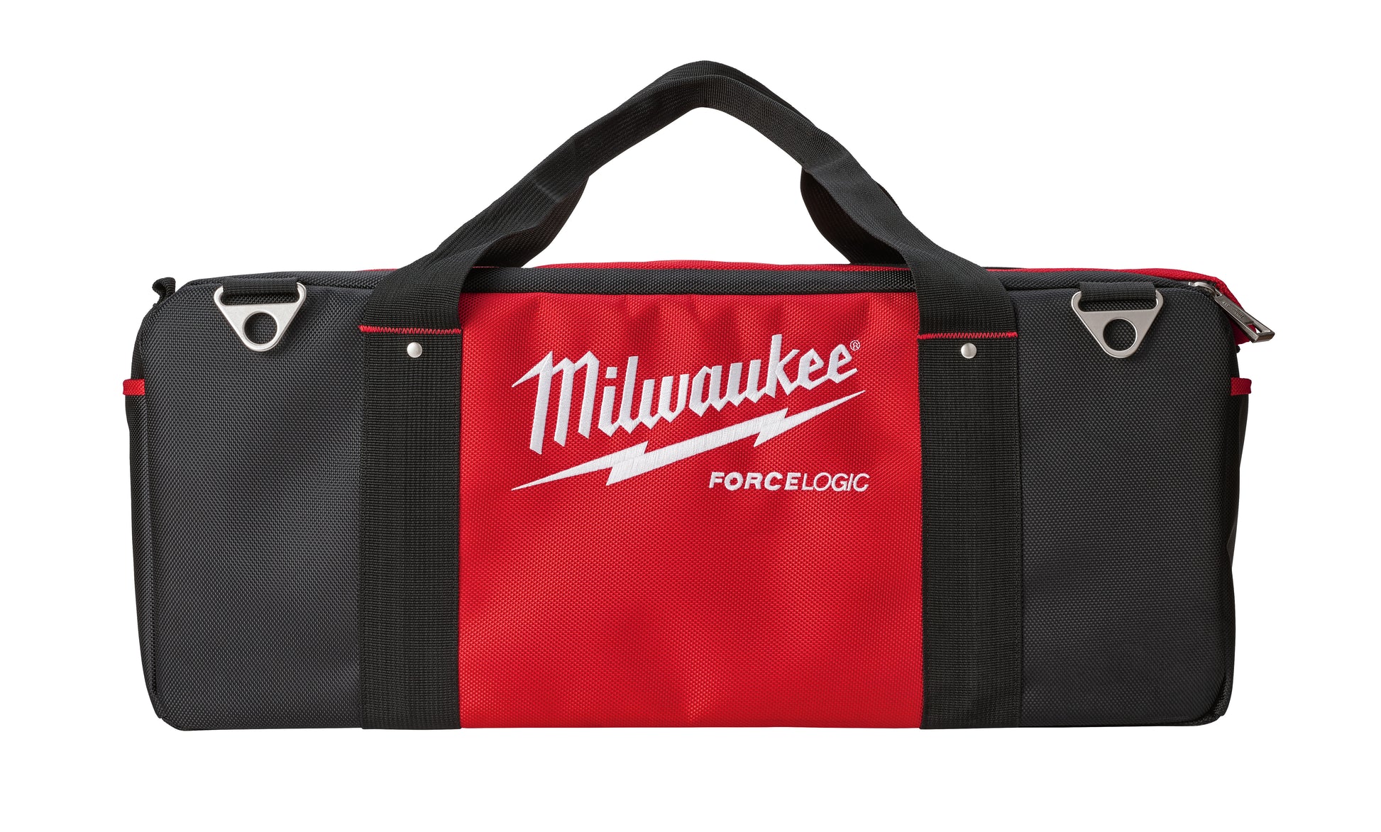Red and black Milwaukee FORCELOGIC tool bag with black handles and metal D-rings on sides.