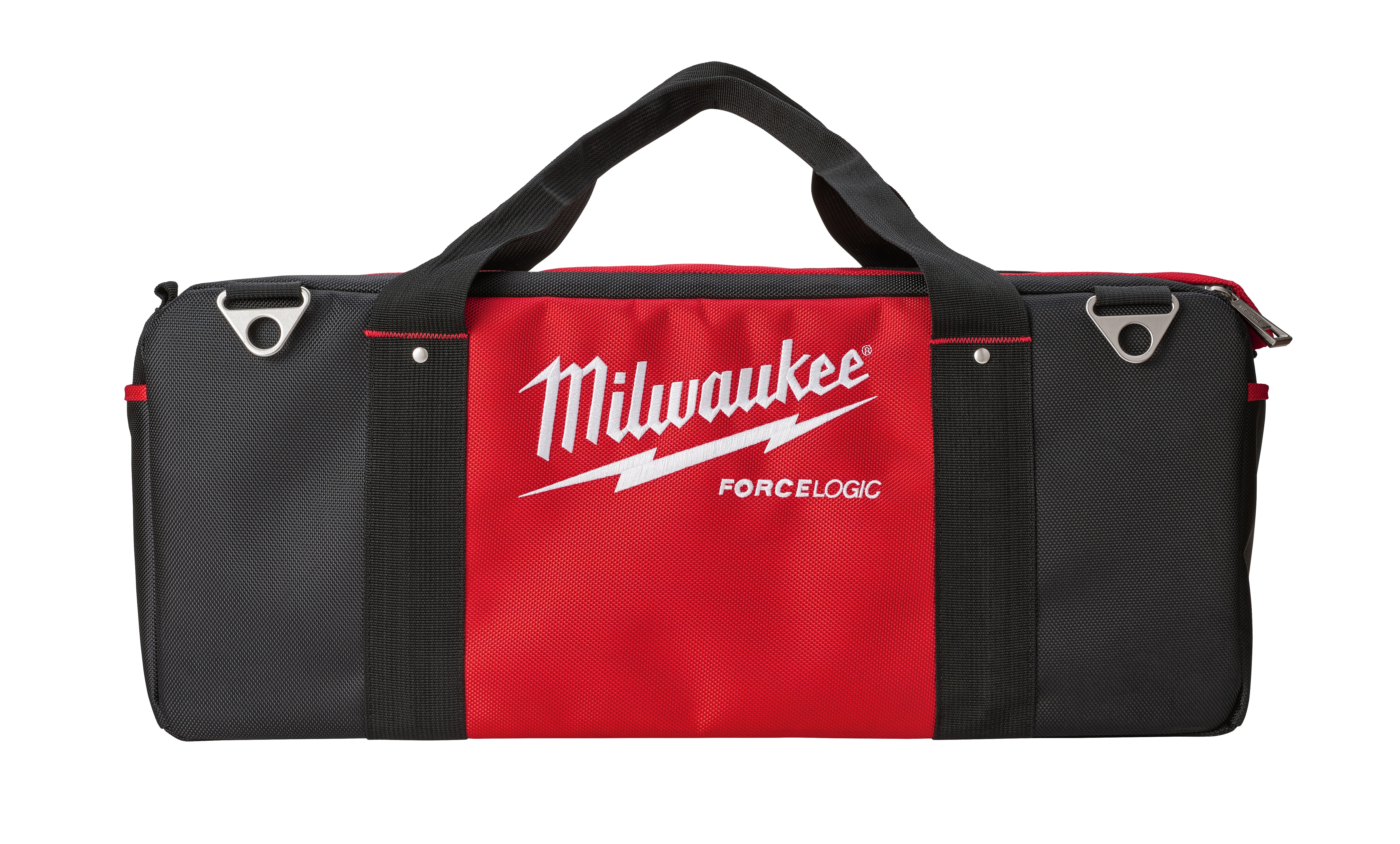 Red and black Milwaukee FORCELOGIC tool bag with black handles and metal D-rings on sides.