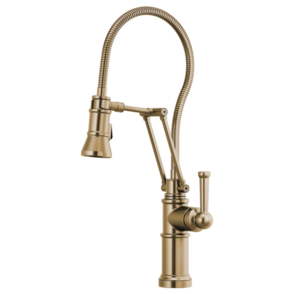 Champagne bronze kitchen faucet with articulating arm and retractable hose spray head.