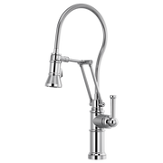 Chrome pull-down kitchen faucet with articulating sprayer head and flexible hose.