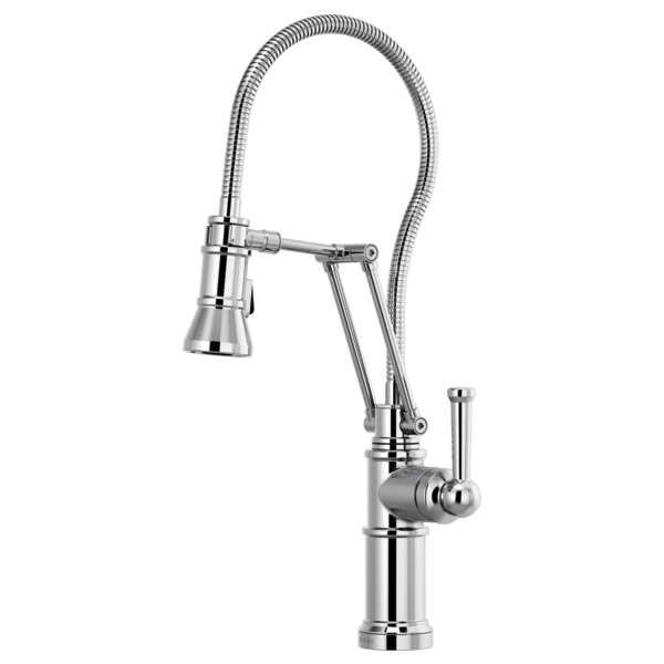 Chrome pull-down kitchen faucet with articulating sprayer head and flexible hose.