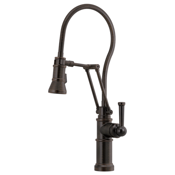 Dark bronze kitchen faucet with articulating arm, flexible hose, and pull-down spray head.