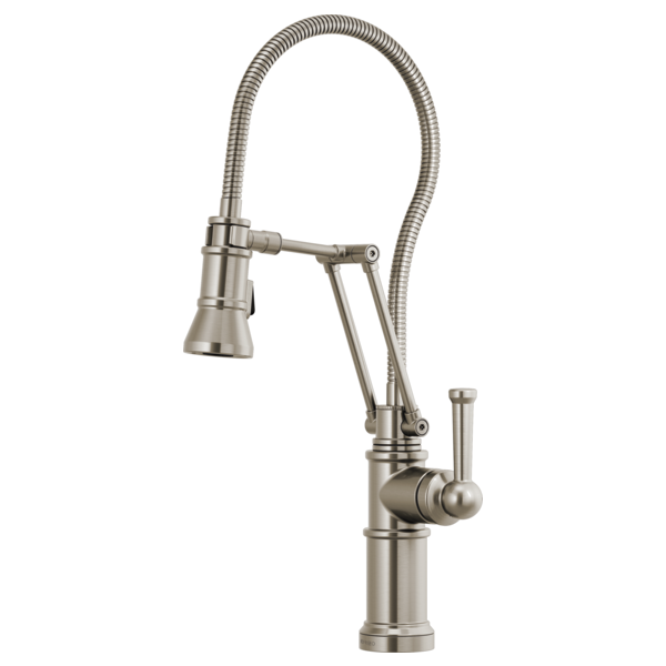 Stainless steel kitchen faucet with articulating arm, flexible hose, and pull-down spray head.