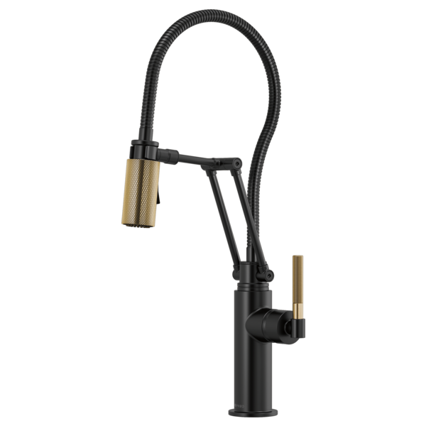 Black kitchen faucet with articulating hose, knurled brass handle, and pull-down spray head.