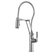 Chrome kitchen faucet with articulating flexible hose, knurled side handle, and pulldown spray head.