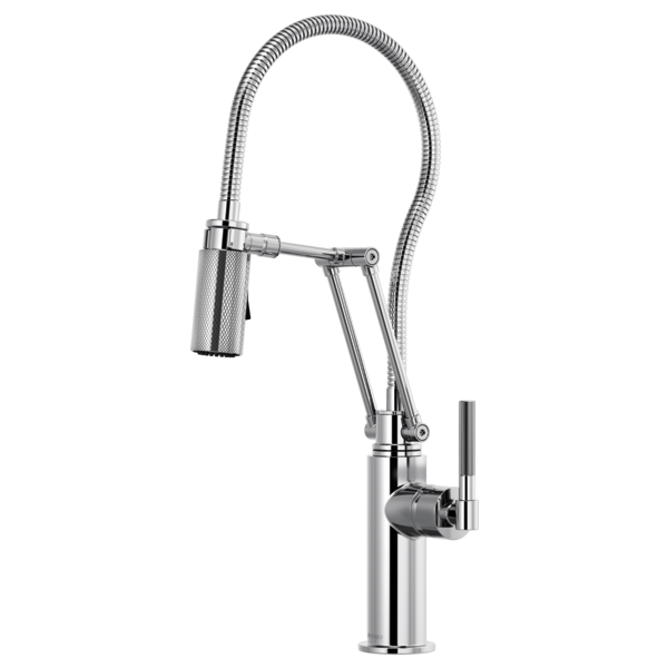 Chrome kitchen faucet with articulating flexible hose, knurled side handle, and pulldown spray head.