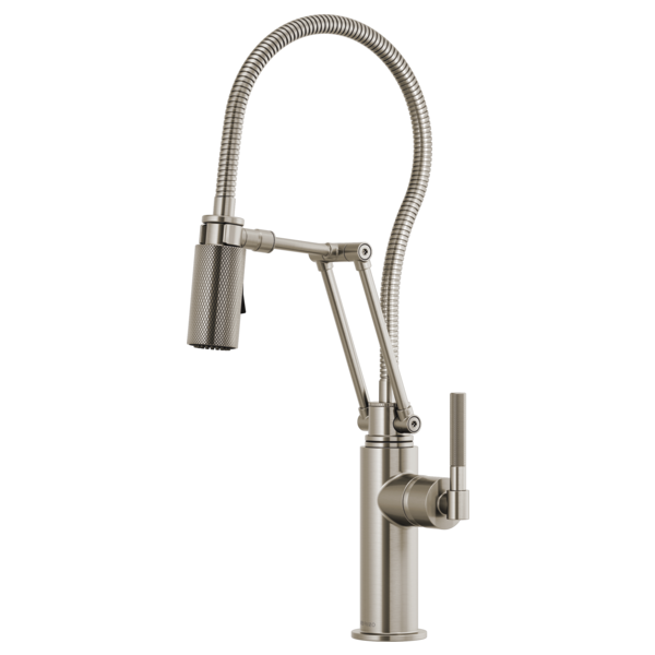 Stainless steel kitchen faucet with articulating arm, flexible hose, and knurled lever handle.