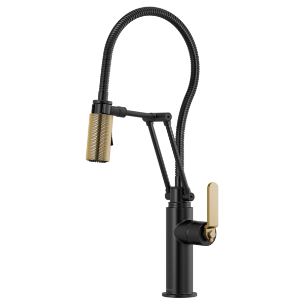 Black kitchen faucet with champagne bronze accents, flexible hose, and articulating spray head.