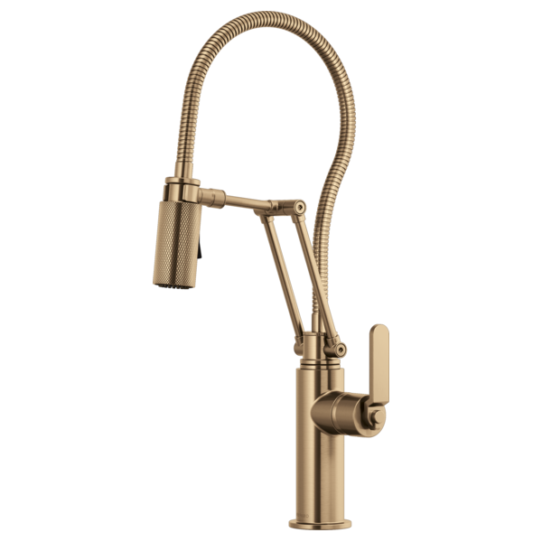Champagne bronze kitchen faucet with articulating arm, coiled hose, and single lever handle.