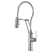 Chrome articulating kitchen faucet with flexible hose, lever handle, and pulldown spray head.
