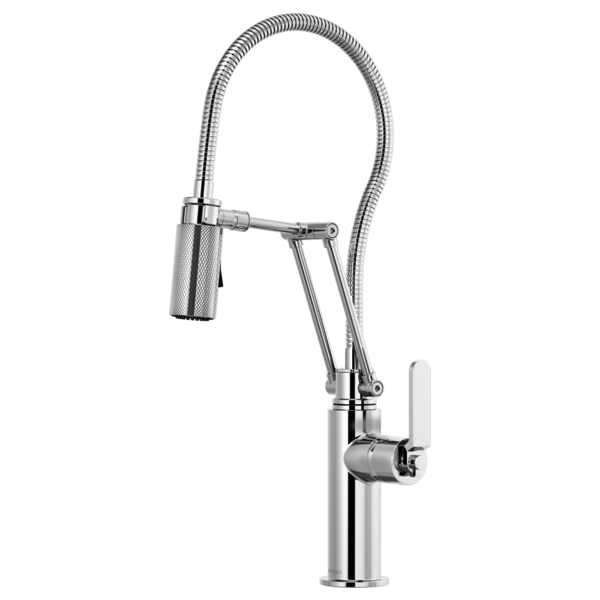 Chrome articulating kitchen faucet with flexible hose, lever handle, and pulldown spray head.
