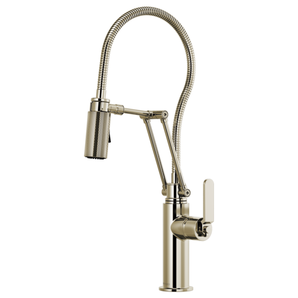 Chrome kitchen faucet with articulating spray head and flexible hose on single-lever base.