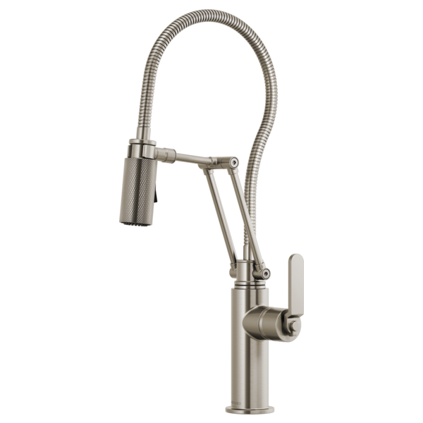 Stainless steel kitchen faucet with articulating arm, flexible hose, and single lever handle.