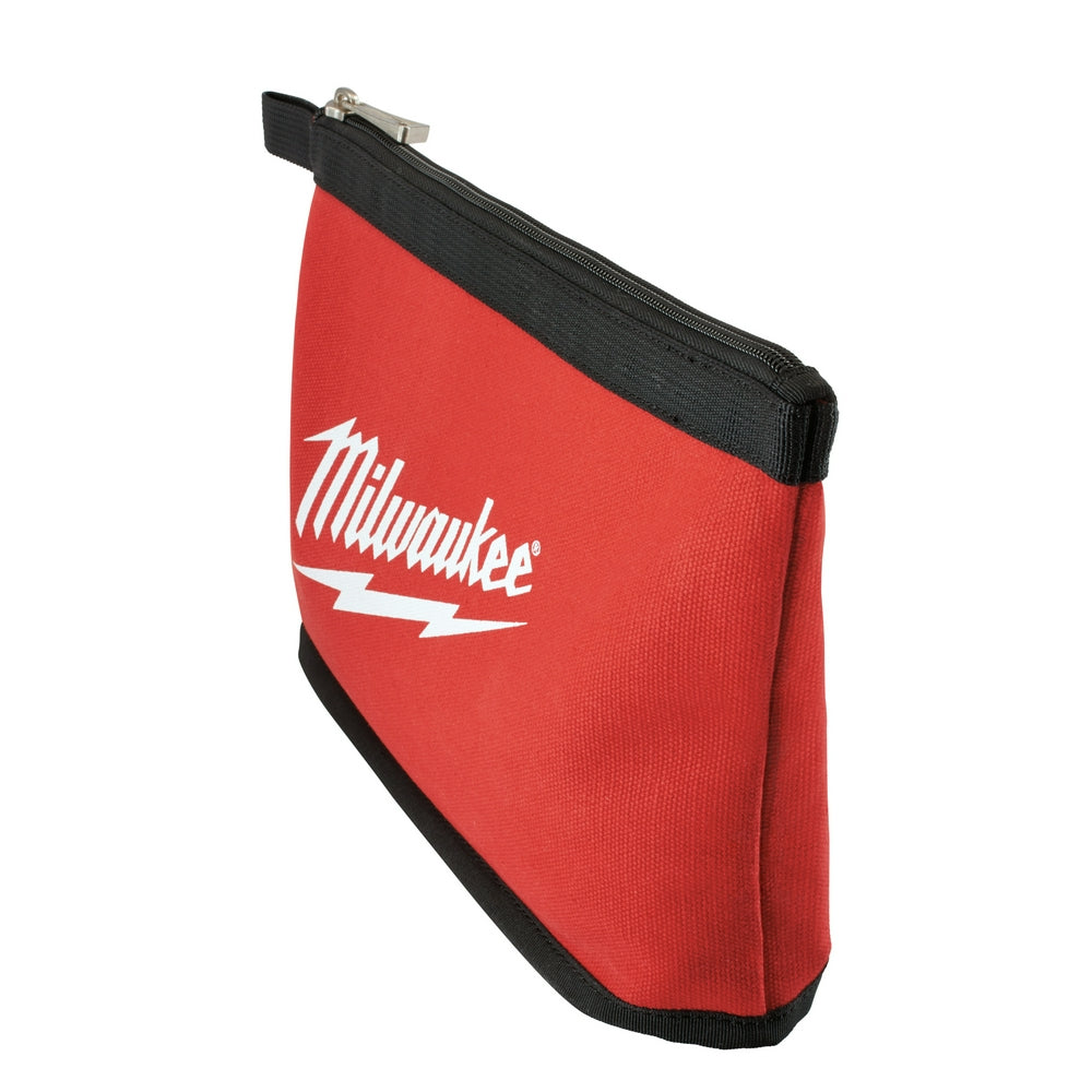 Red and black zippered pouch with Milwaukee branding and white lightning bolt logo.